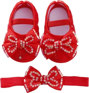 Baby Girls Mary Jane Flats Beaded Bow Princess Shoes Dress Walking Shoes and Headband for Newborn Infant Toddler