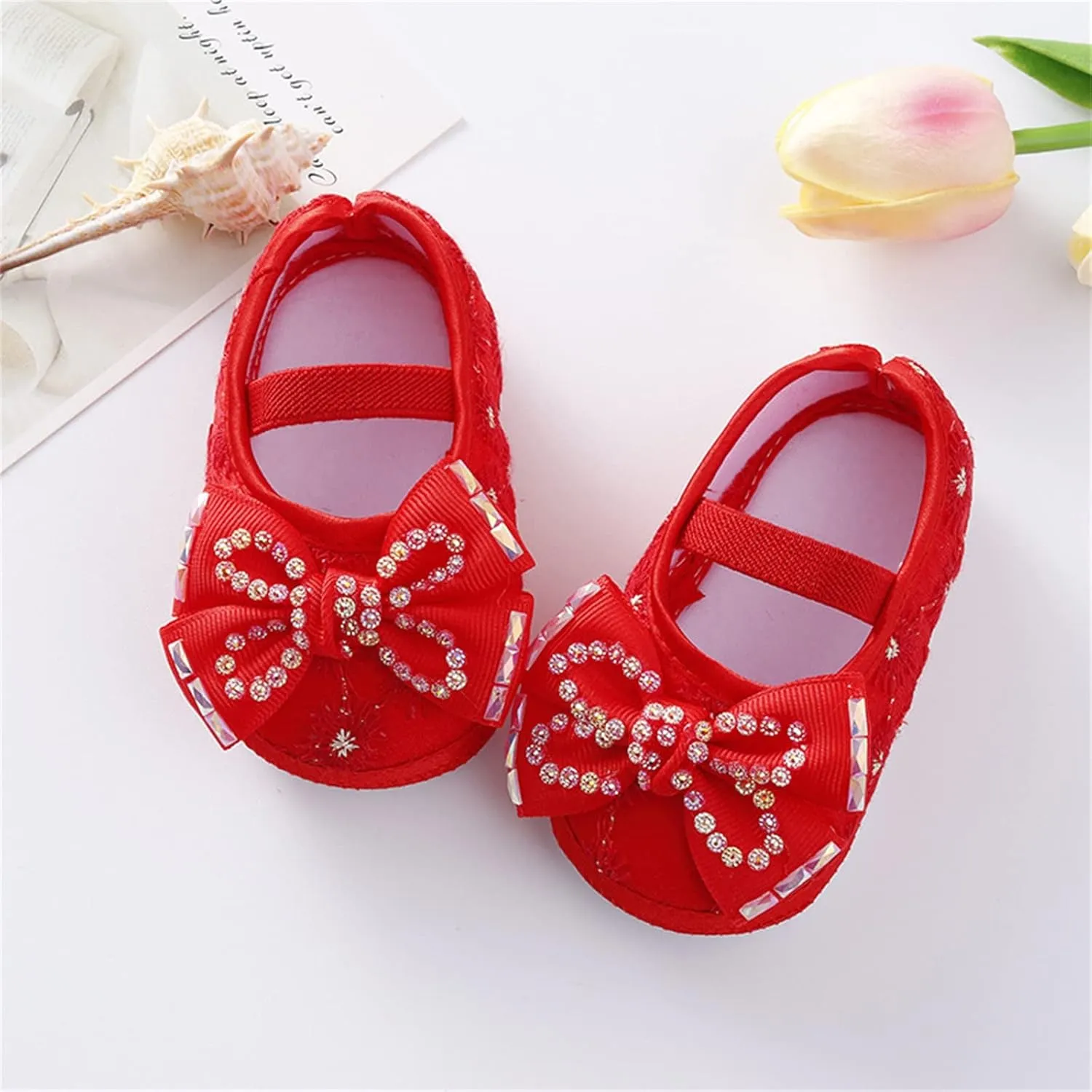Baby Girls Mary Jane Flats Beaded Bow Princess Shoes Dress Walking Shoes and Headband for Newborn Infant Toddler
