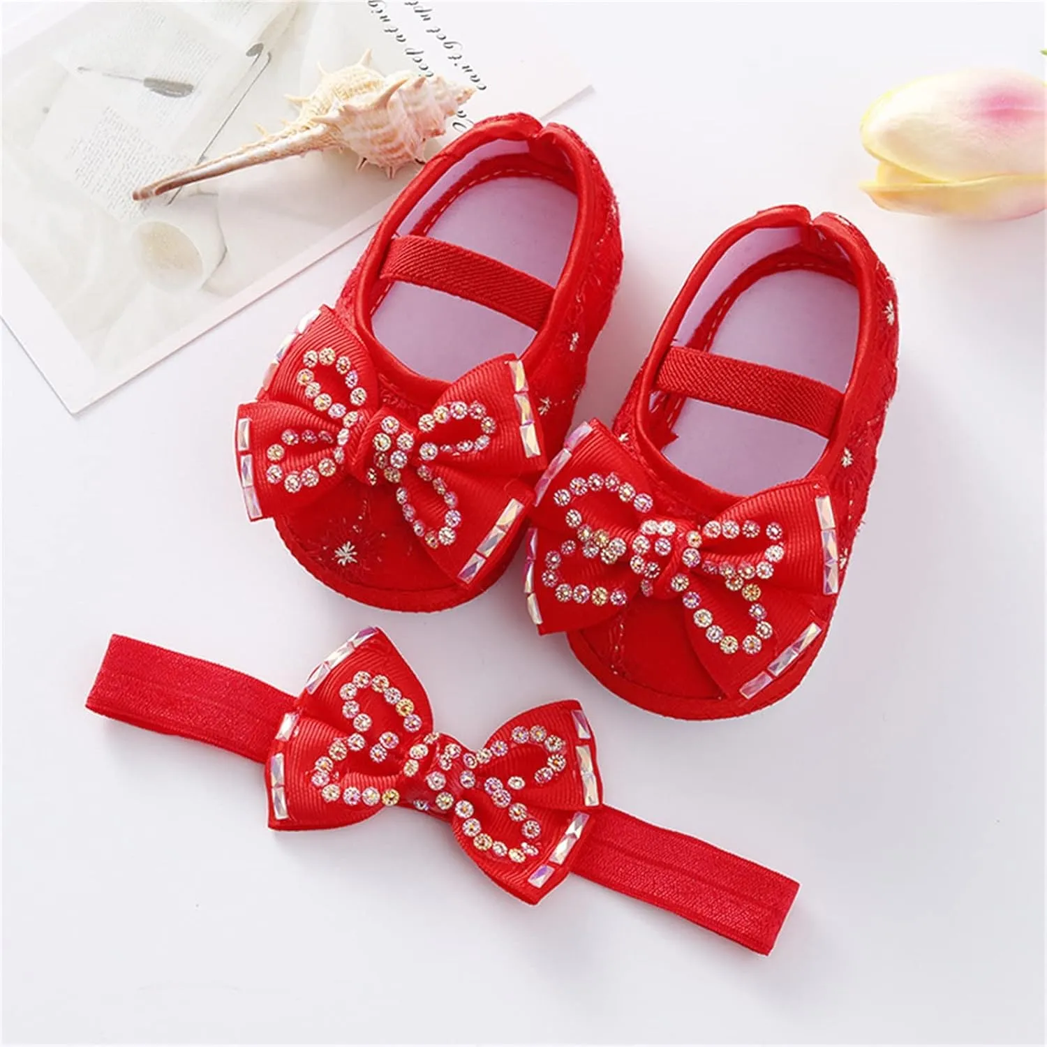 Baby Girls Mary Jane Flats Beaded Bow Princess Shoes Dress Walking Shoes and Headband for Newborn Infant Toddler