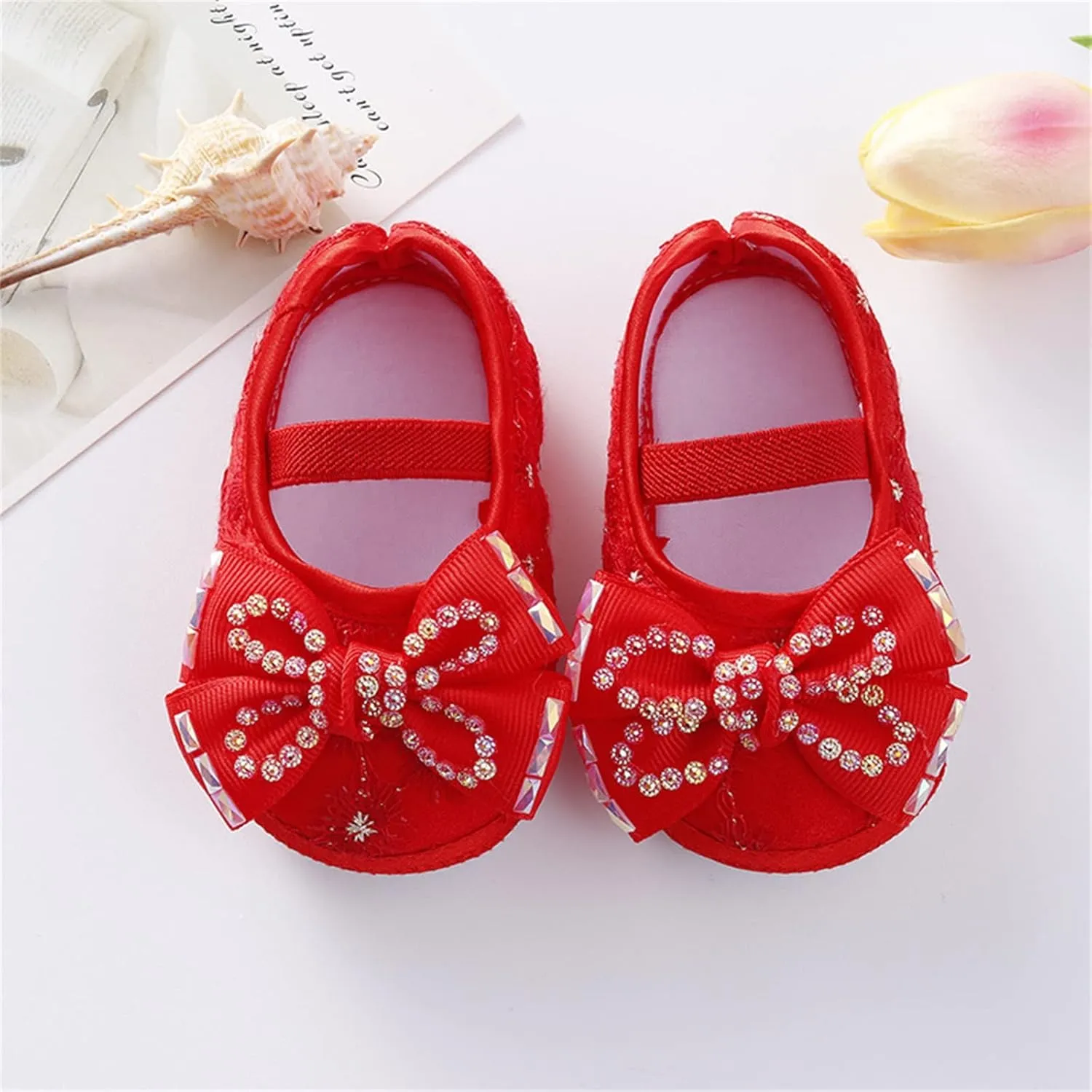 Baby Girls Mary Jane Flats Beaded Bow Princess Shoes Dress Walking Shoes and Headband for Newborn Infant Toddler