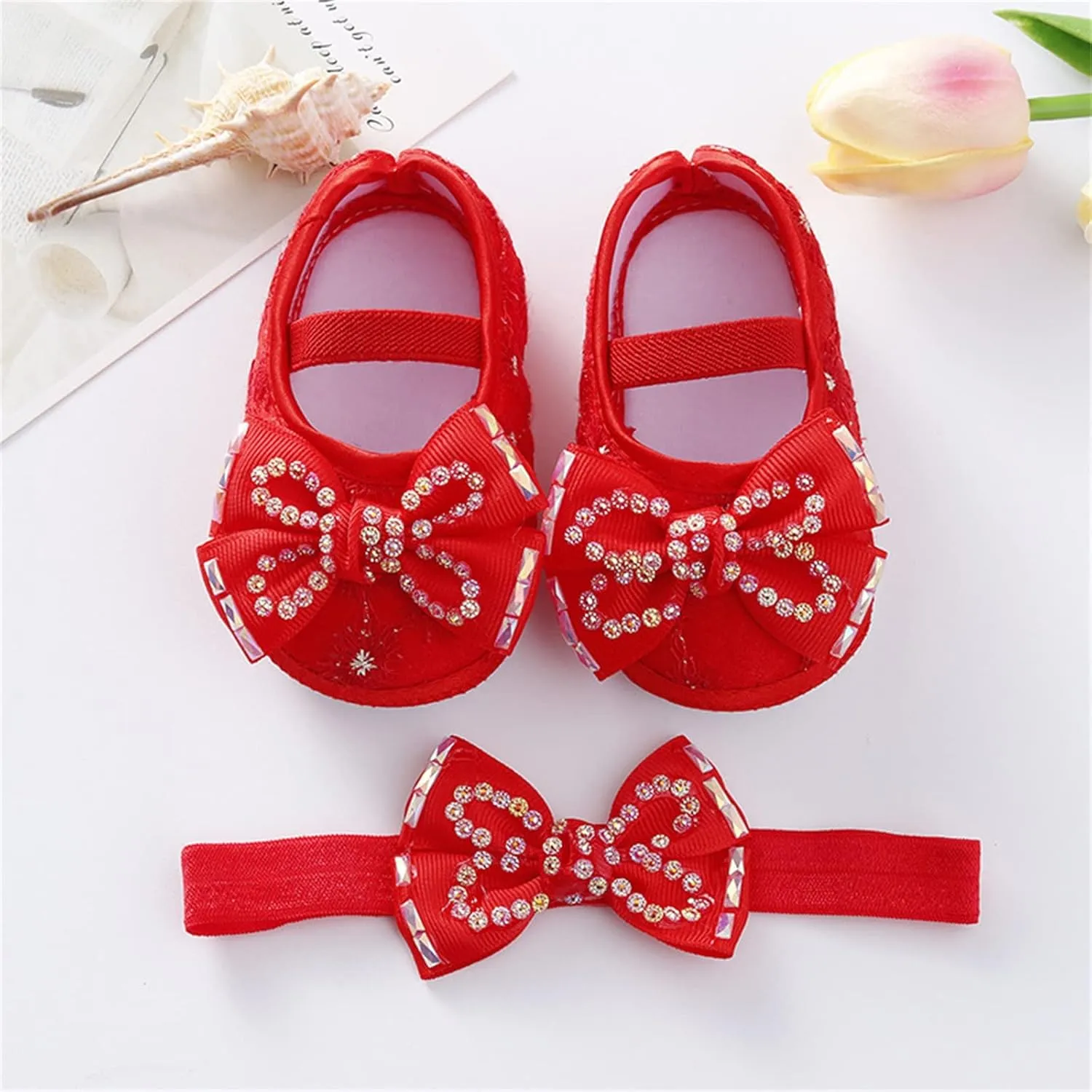 Baby Girls Mary Jane Flats Beaded Bow Princess Shoes Dress Walking Shoes and Headband for Newborn Infant Toddler