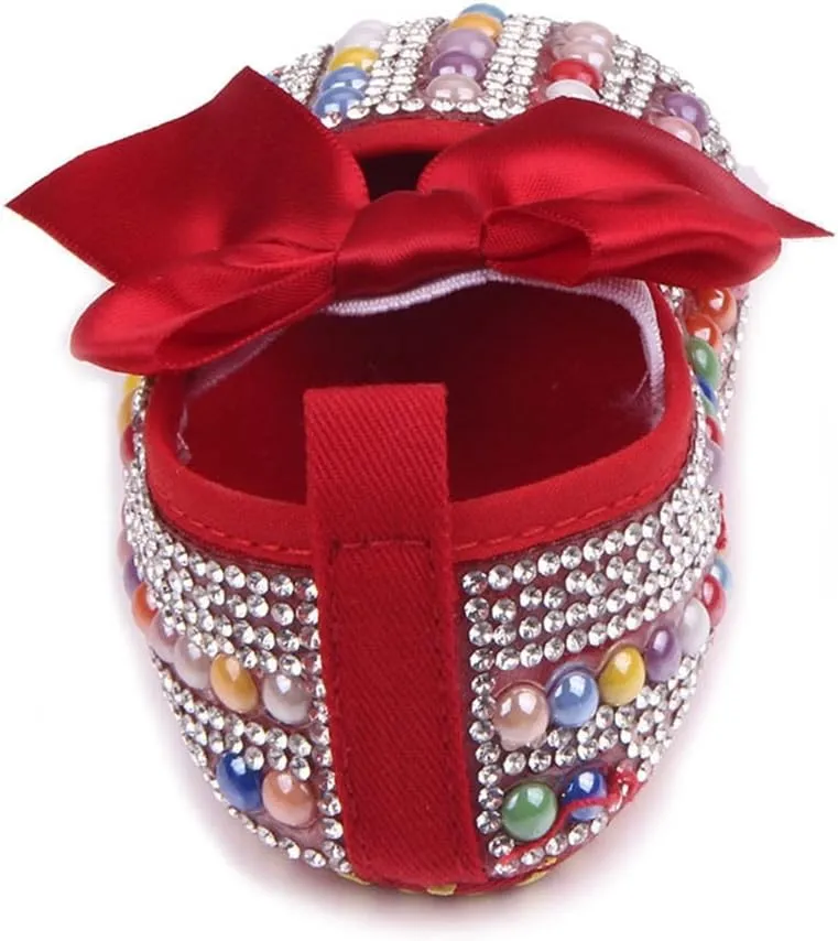 Baby Girls Mary Jane Flats Sparkly Bow Diamonds Princess Dress Shoes Anti-Slip Infant Crib Shoes