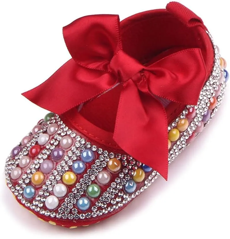 Baby Girls Mary Jane Flats Sparkly Bow Diamonds Princess Dress Shoes Anti-Slip Infant Crib Shoes