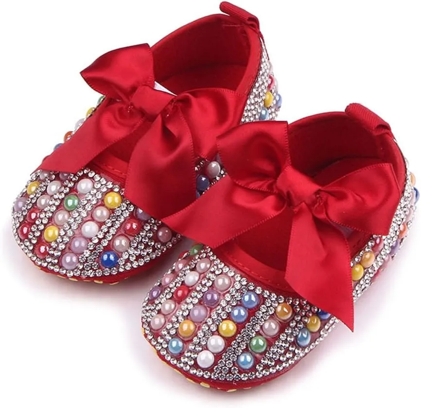 Baby Girls Mary Jane Flats Sparkly Bow Diamonds Princess Dress Shoes Anti-Slip Infant Crib Shoes