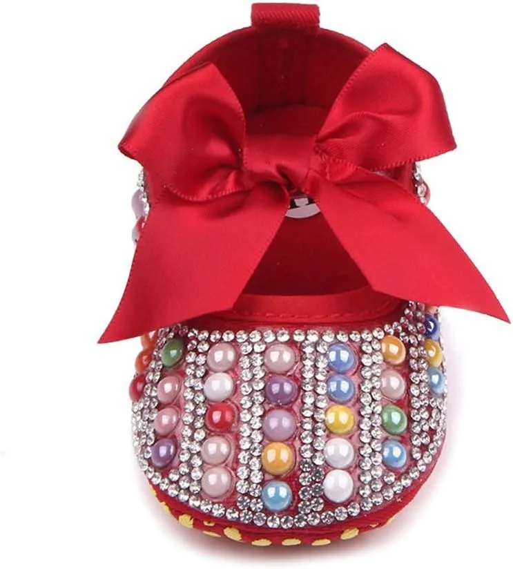 Baby Girls Mary Jane Flats Sparkly Bow Diamonds Princess Dress Shoes Anti-Slip Infant Crib Shoes