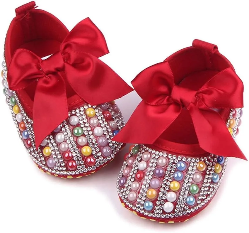Baby Girls Mary Jane Flats Sparkly Bow Diamonds Princess Dress Shoes Anti-Slip Infant Crib Shoes