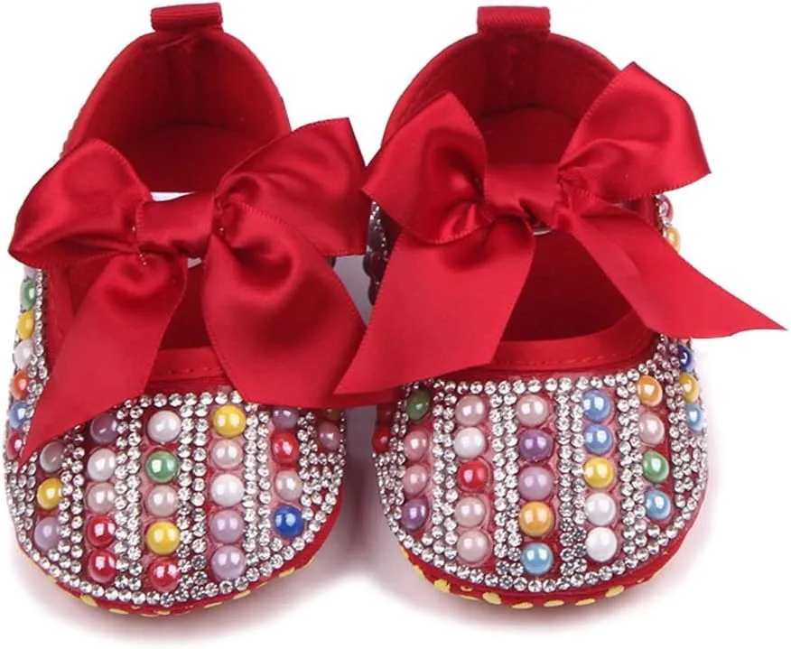 Baby Girls Mary Jane Flats Sparkly Bow Diamonds Princess Dress Shoes Anti-Slip Infant Crib Shoes