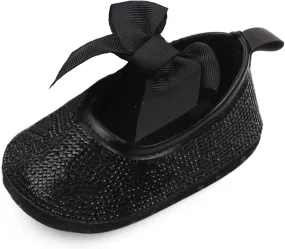 Baby Girls Mary Jane Flats Sparkly Bow Diamonds Princess Dress Shoes Anti-Slip Infant Crib Shoes
