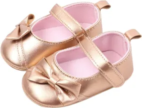Baby Infant Mary Jane Shoes Gold Leather Bow Hook Loop Ankle Sandals Toddler Newborn Summer Closed Toe Walking Shoes