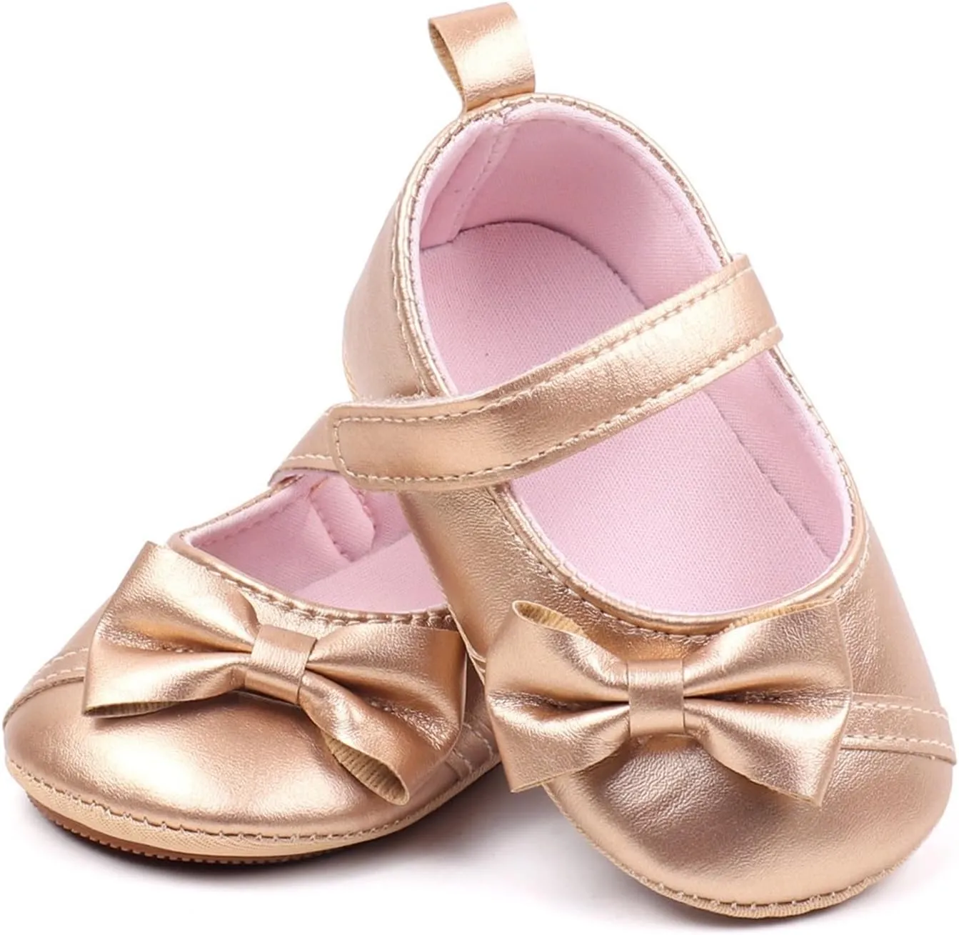Baby Infant Mary Jane Shoes Gold Leather Bow Hook Loop Ankle Sandals Toddler Newborn Summer Closed Toe Walking Shoes