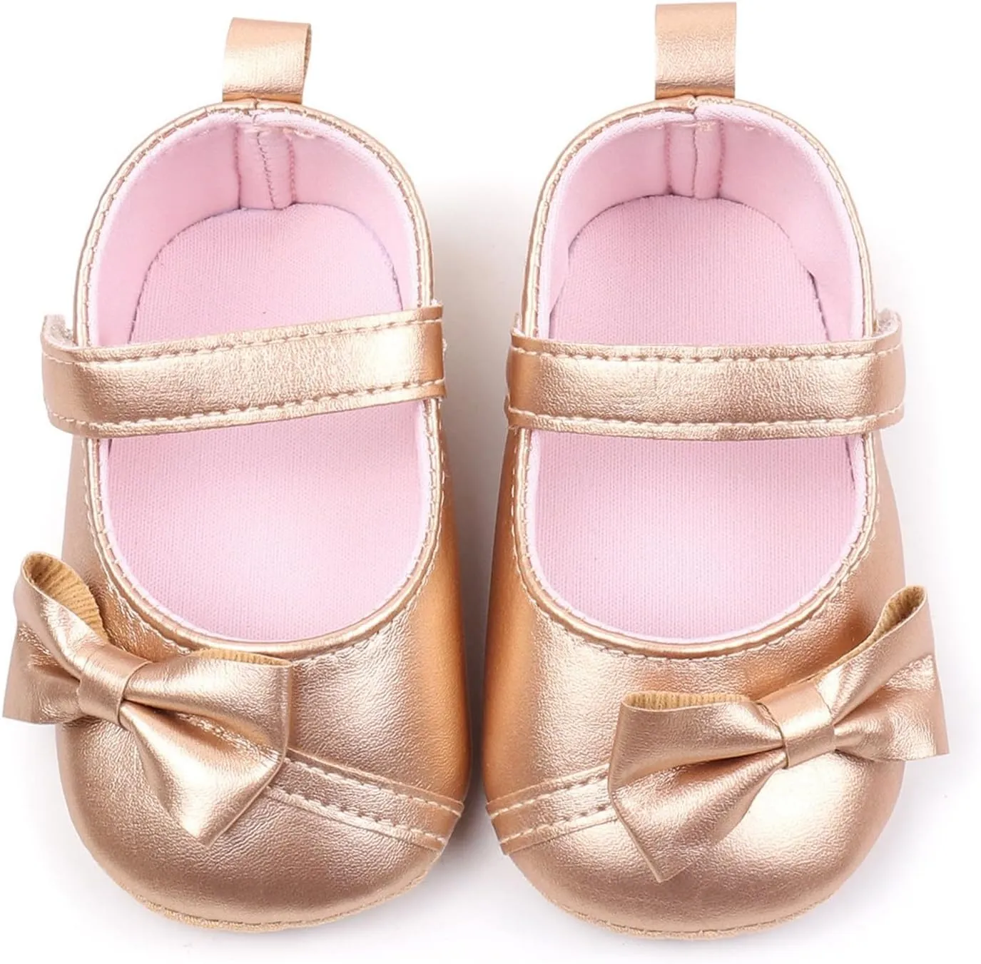 Baby Infant Mary Jane Shoes Gold Leather Bow Hook Loop Ankle Sandals Toddler Newborn Summer Closed Toe Walking Shoes