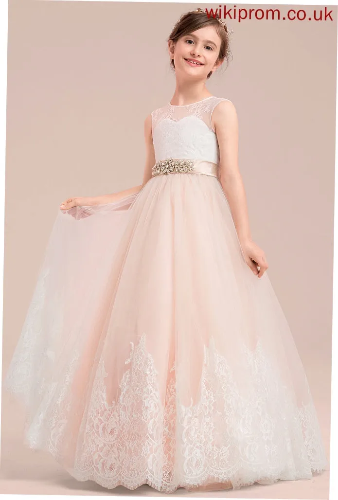 Ball-Gown/Princess Dress With Neck Scoop Flower Sleeveless Beading Floor-length Lori - Satin/Tulle/Lace Flower Girl Dresses Girl
