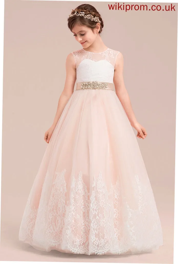 Ball-Gown/Princess Dress With Neck Scoop Flower Sleeveless Beading Floor-length Lori - Satin/Tulle/Lace Flower Girl Dresses Girl