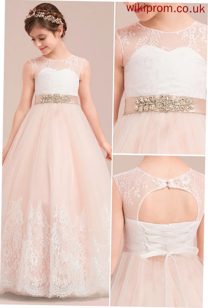 Ball-Gown/Princess Dress With Neck Scoop Flower Sleeveless Beading Floor-length Lori - Satin/Tulle/Lace Flower Girl Dresses Girl