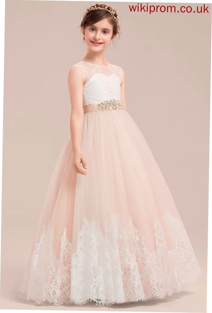 Ball-Gown/Princess Dress With Neck Scoop Flower Sleeveless Beading Floor-length Lori - Satin/Tulle/Lace Flower Girl Dresses Girl