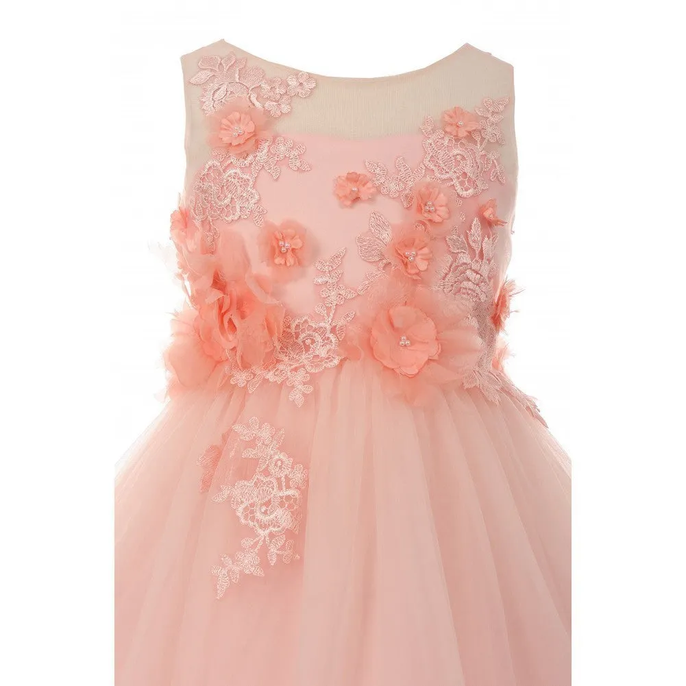 Big Girls Blush 3D Flower Adorned Tulle Illusion Junior Bridesmaid Dress 8-16