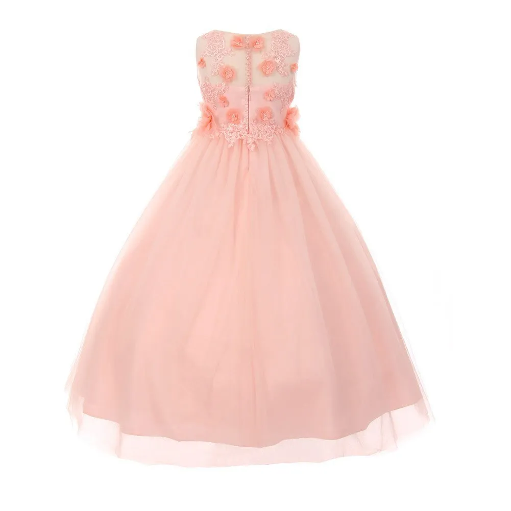 Big Girls Blush 3D Flower Adorned Tulle Illusion Junior Bridesmaid Dress 8-16