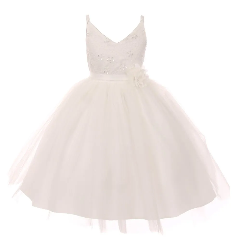 Big Girls Ivory Beaded Lace V-neck Special Occasion Dress 8-12