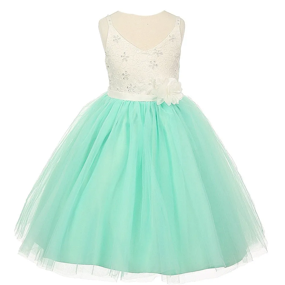 Big Girls Mint Ivory Beaded Lace V-neck Special Occasion Dress 8-12