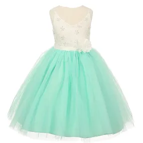 Big Girls Mint Ivory Beaded Lace V-neck Special Occasion Dress 8-12