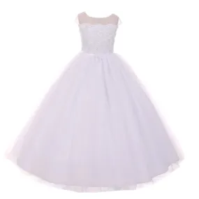 Big Girls White Sheer Organza Satin Sequin Pearl Communion Dress 7-18