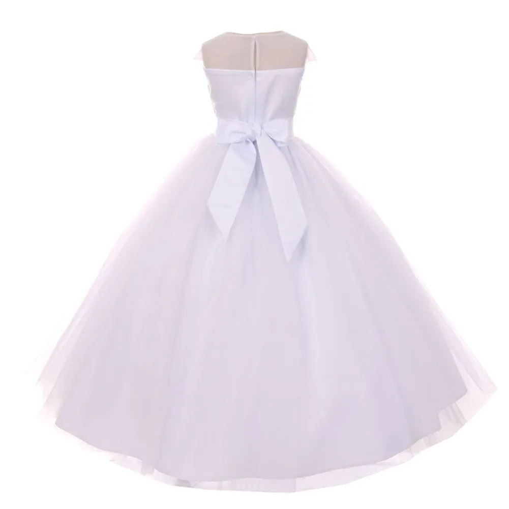 Big Girls White Sheer Organza Satin Sequin Pearl Communion Dress 7-18