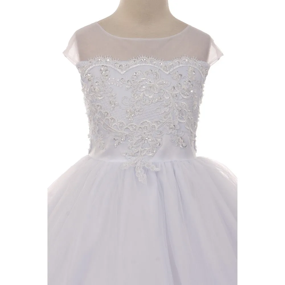 Big Girls White Sheer Organza Satin Sequin Pearl Communion Dress 7-18