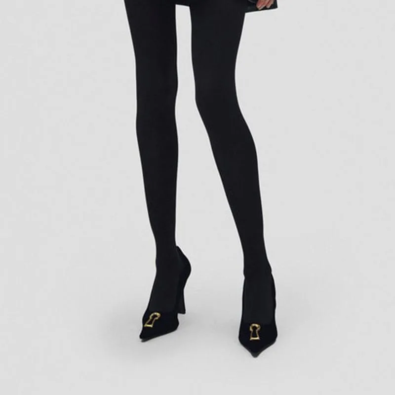 Black Velvet Pumps with Gold Keyhole