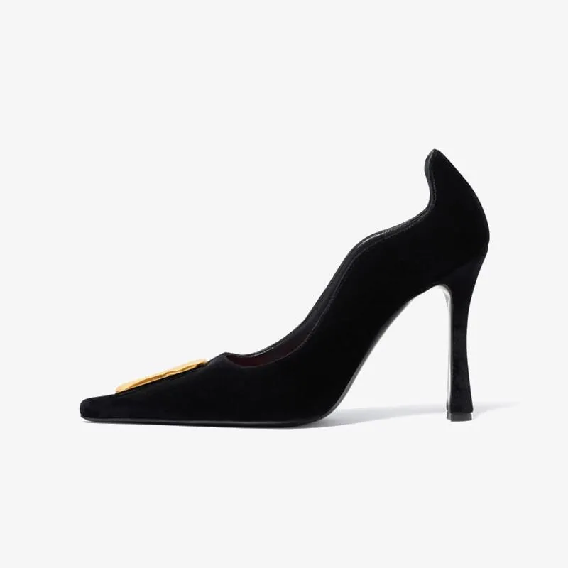 Black Velvet Pumps with Gold Keyhole