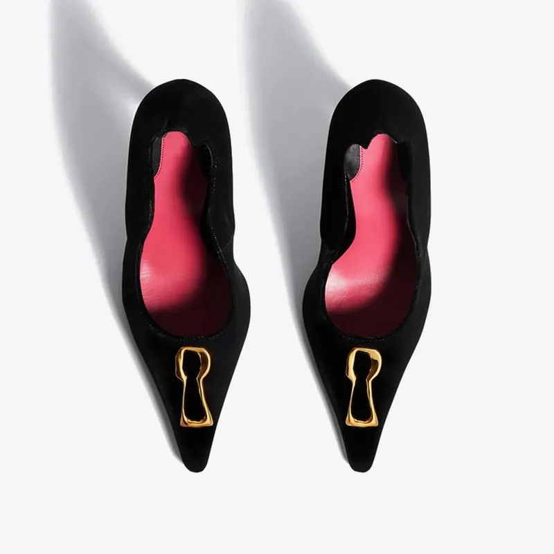 Black Velvet Pumps with Gold Keyhole