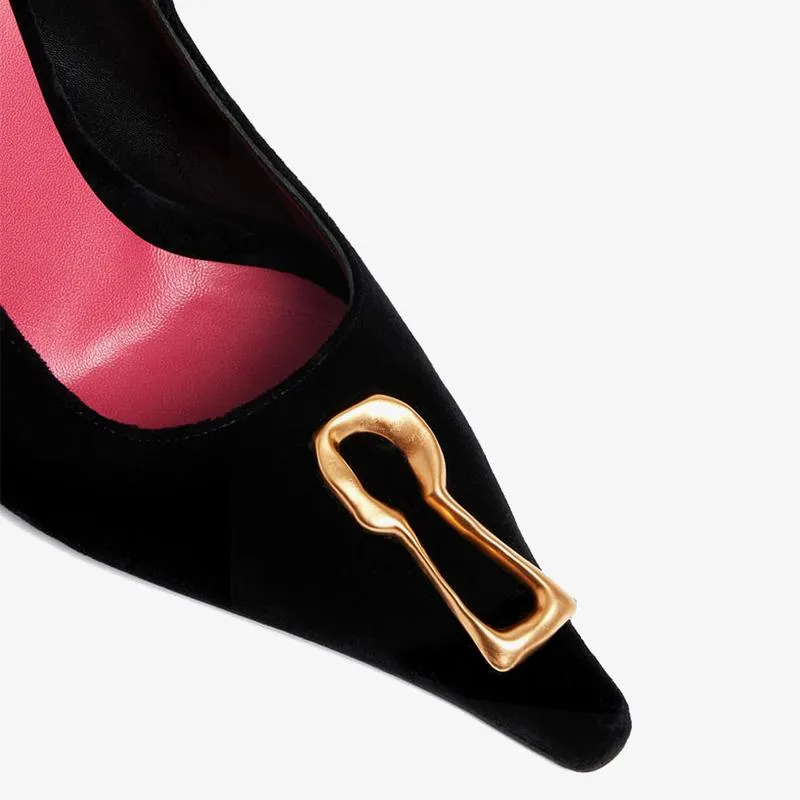 Black Velvet Pumps with Gold Keyhole