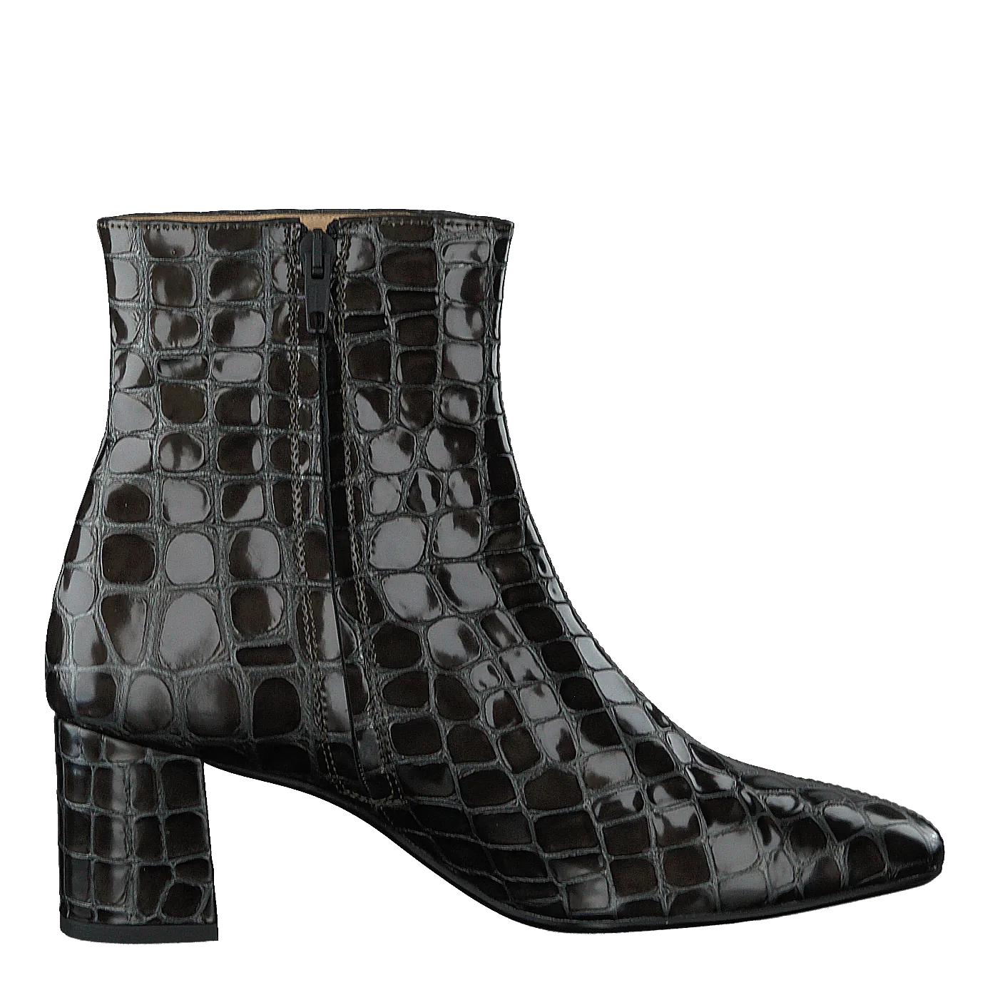 Block Heel Boot With Zipper Olive Croco
