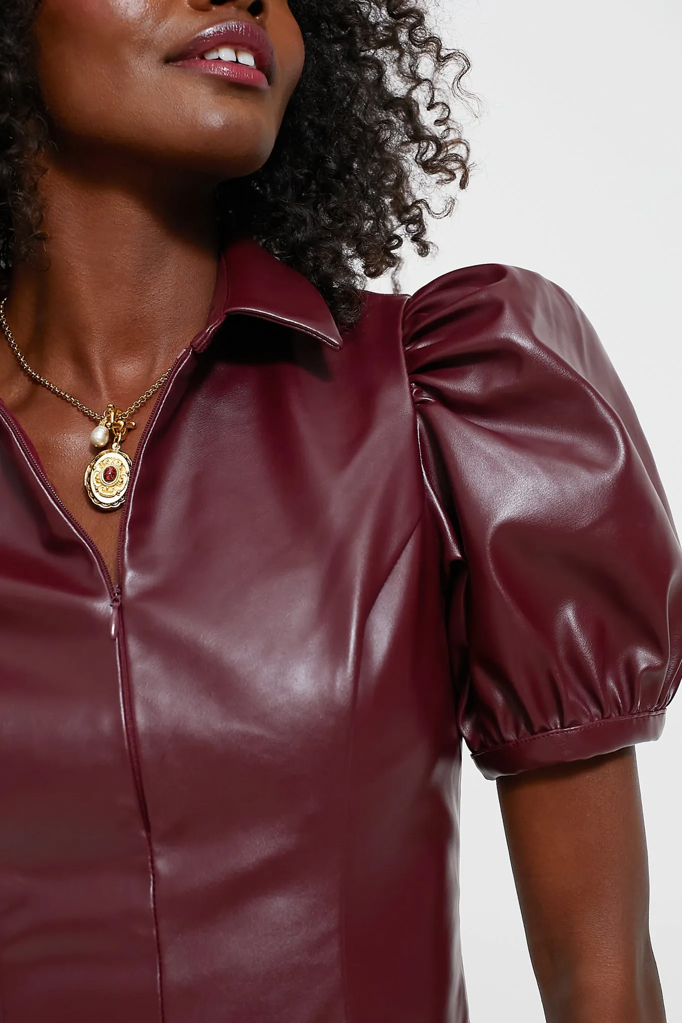 Burgundy Front Zip Faux Leather Mini Dress