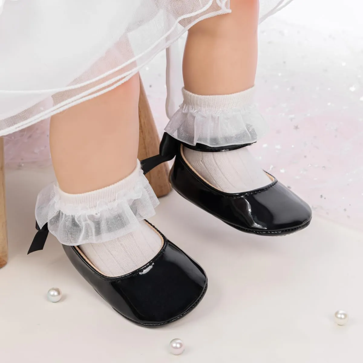 CENCIRILY Infant Baby Girls Mary Jane Flats Non Slip Soft Sole Prewalker Princess Wedding Dress Shoes