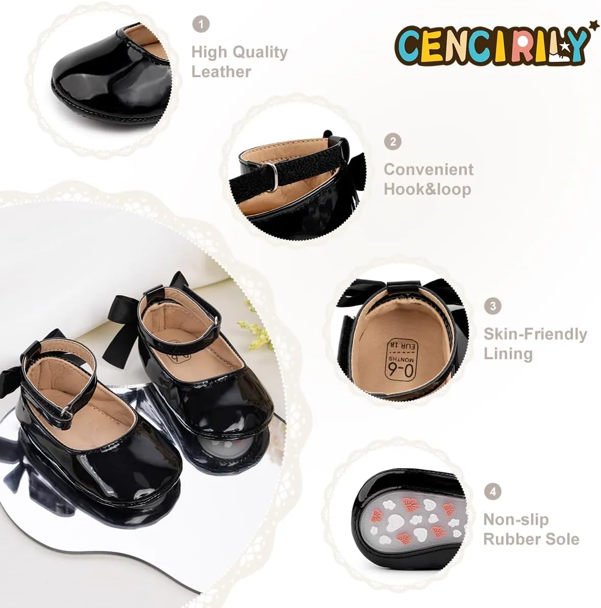 CENCIRILY Infant Baby Girls Mary Jane Flats Non Slip Soft Sole Prewalker Princess Wedding Dress Shoes