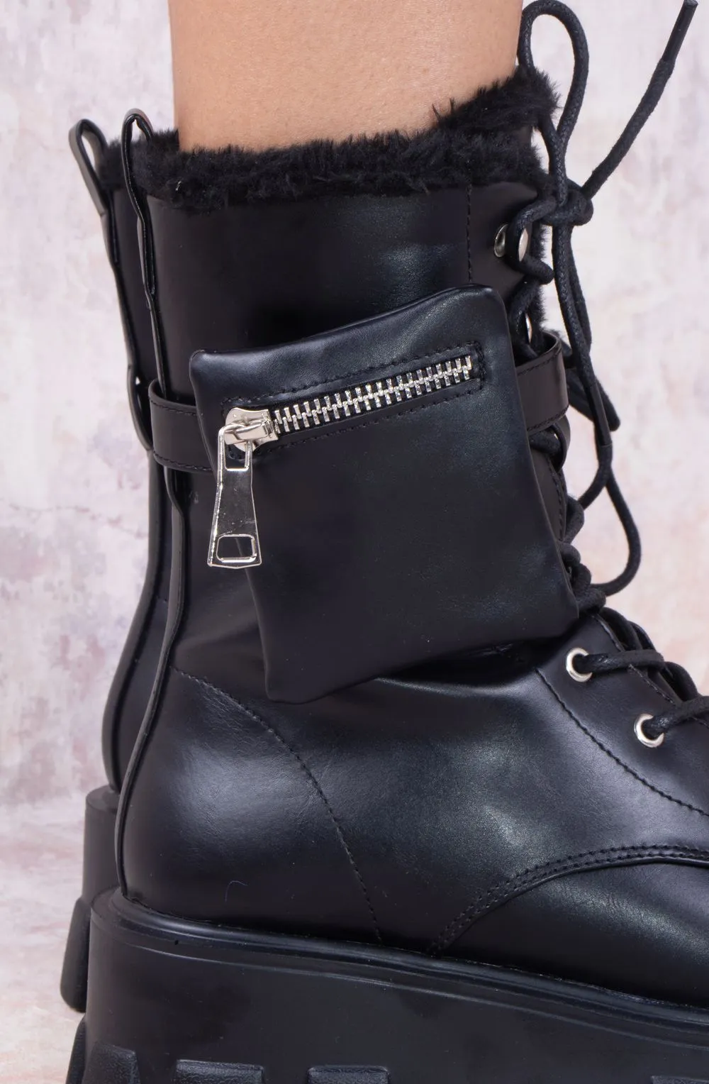 Chunky Lace Up Pocket Detail Black Pu Leather Boots