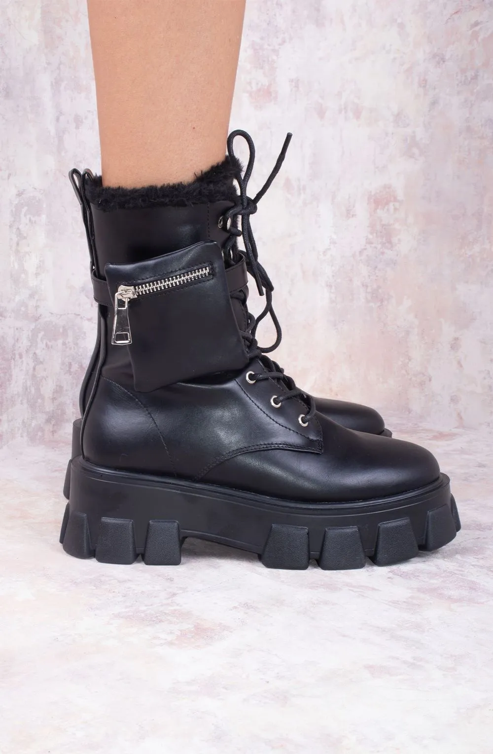 Chunky Lace Up Pocket Detail Black Pu Leather Boots