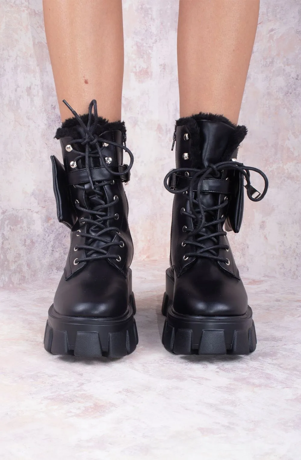 Chunky Lace Up Pocket Detail Black Pu Leather Boots