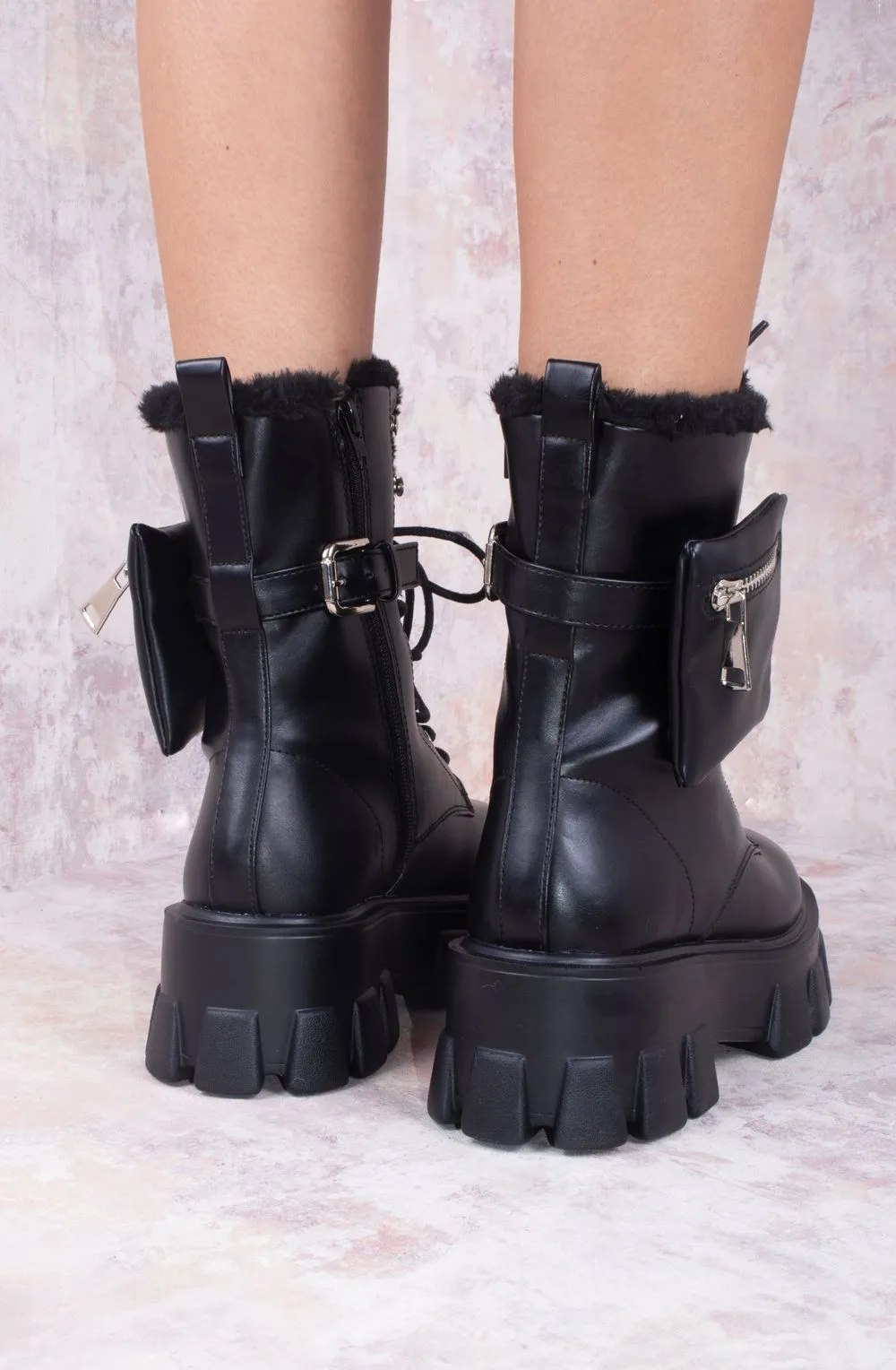 Chunky Lace Up Pocket Detail Black Pu Leather Boots