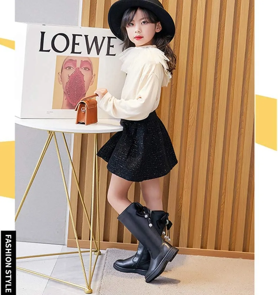 Dayiss Girl's Waterproof Fashion Side Zipper Fur Lined Knee High Riding Boots Dress Princess Shoes Girls Leather Tall Winter Boots