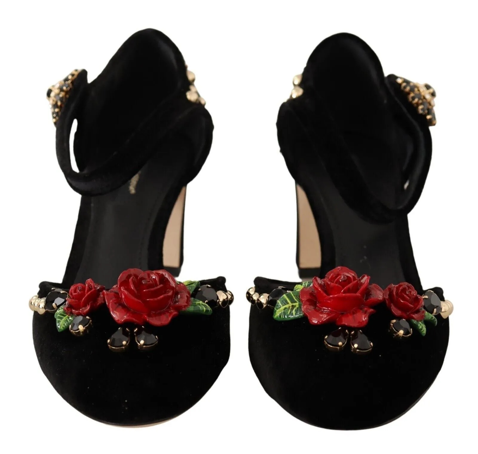 Dolce & Gabbana Black Velvet Roses Ankle Strap Pumps Shoes