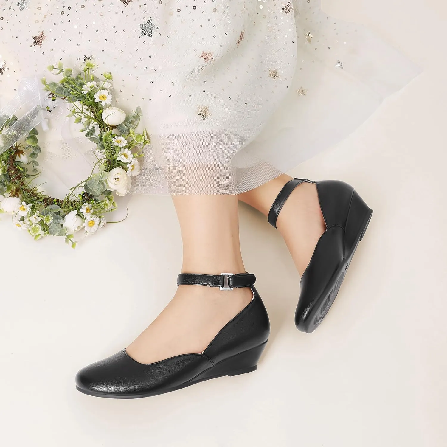 DREAM PAIRS Girls Dress Shoes Low Wedge Heels Ankle Strap Wedding Flower Party Pump for Toddler Little Big Kid