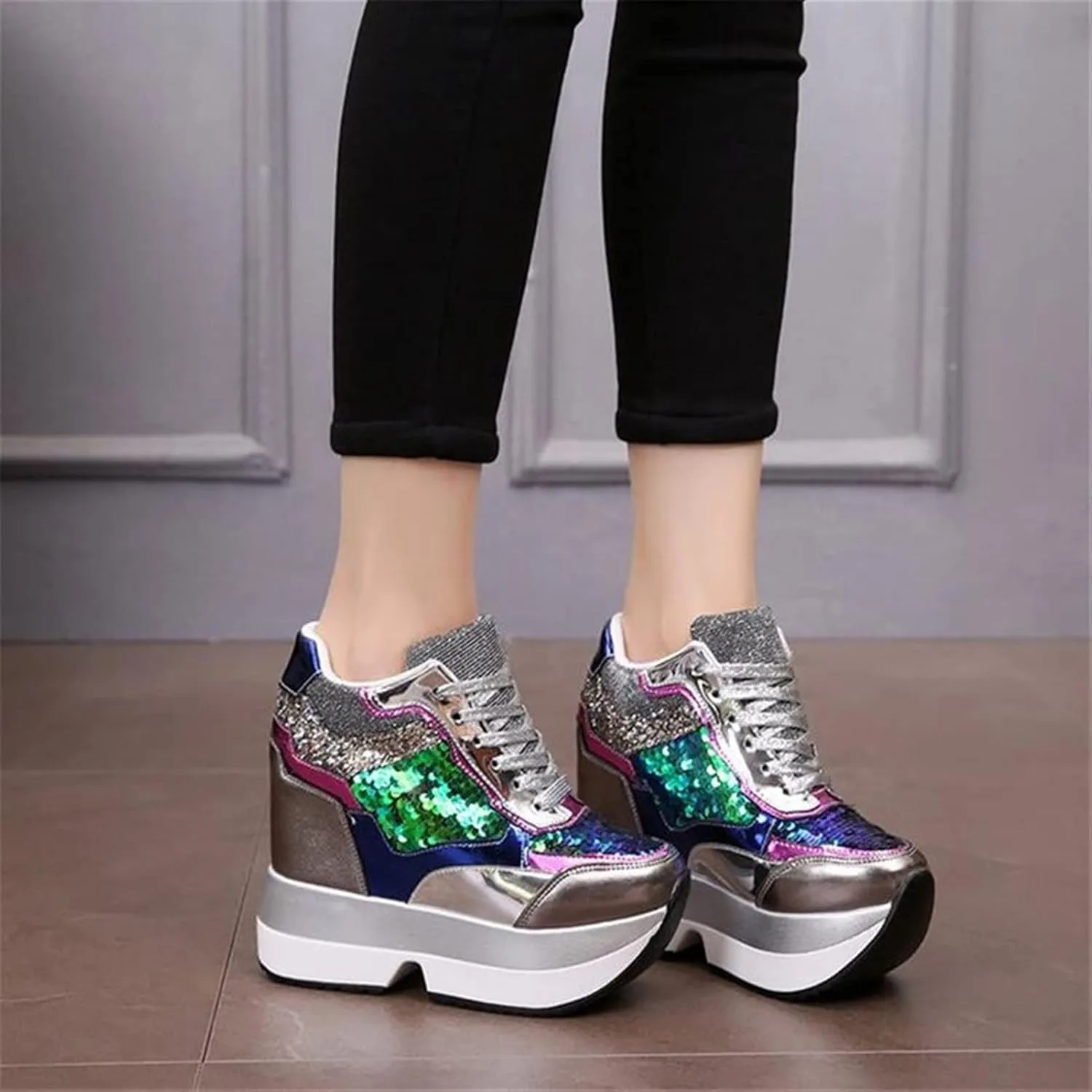 Fashion Women Height Increased 12 cm Thick Sole Trainers Sneakers Women High Platform Shoes Breathable Sequins Shoes All-Match Snow Boots (Color : Silver, Shoe Size : 5)