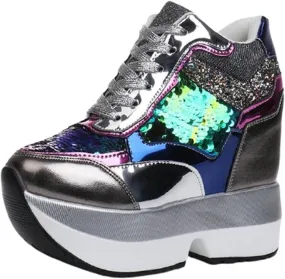 Fashion Women Height Increased 12 cm Thick Sole Trainers Sneakers Women High Platform Shoes Breathable Sequins Shoes All-Match Snow Boots (Color : Silver, Shoe Size : 5)