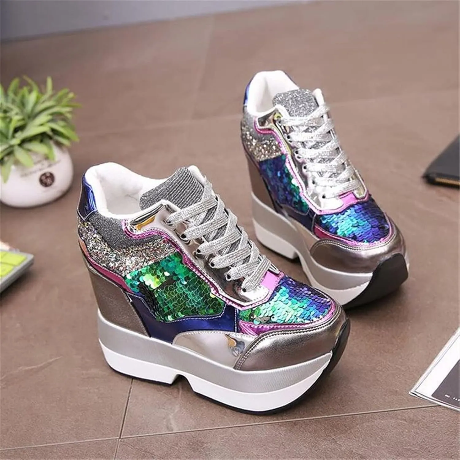 Fashion Women Height Increased 12 cm Thick Sole Trainers Sneakers Women High Platform Shoes Breathable Sequins Shoes All-Match Snow Boots (Color : Silver, Shoe Size : 5)