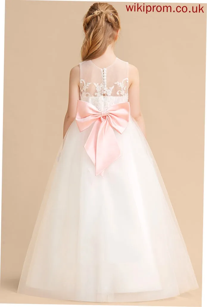 Floor-length Ivy sash) Dress A-Line Sleeveless Flower Satin/Tulle/Lace With Girl (Undetachable Scoop Bow(s) Neck Flower Girl Dresses -