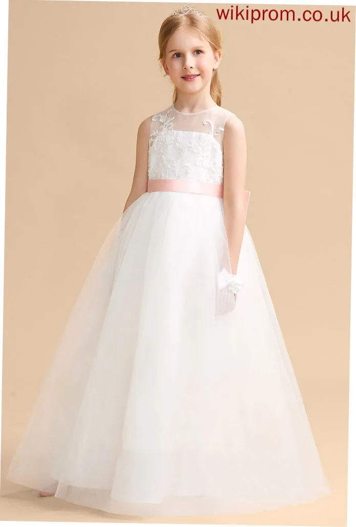 Floor-length Ivy sash) Dress A-Line Sleeveless Flower Satin/Tulle/Lace With Girl (Undetachable Scoop Bow(s) Neck Flower Girl Dresses -