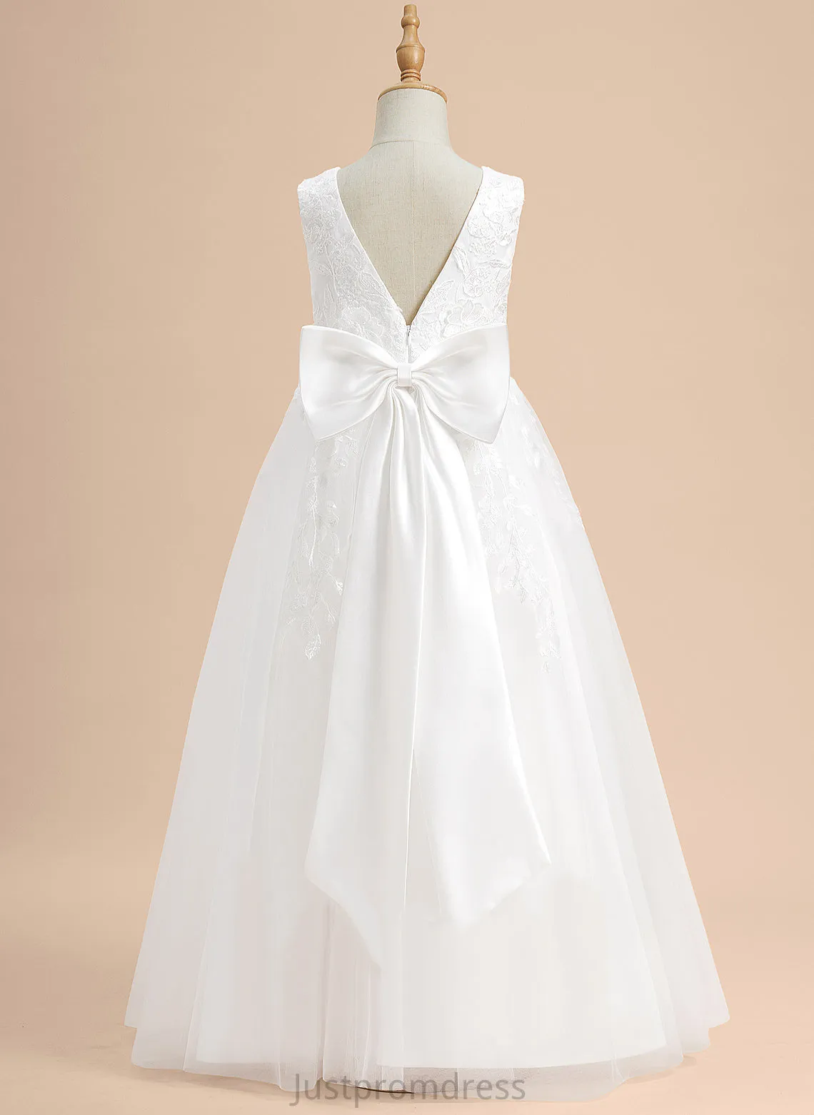 Flower Ally With - Lace/Flower(s)/Bow(s) Tulle Flower Girl Dresses Sleeveless Neck Floor-length A-Line Dress Scoop Girl