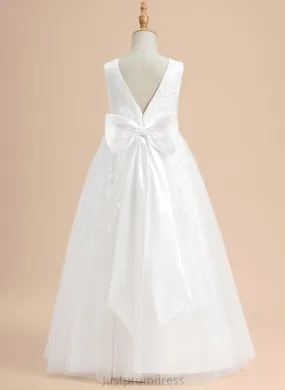 Flower Ally With - Lace/Flower(s)/Bow(s) Tulle Flower Girl Dresses Sleeveless Neck Floor-length A-Line Dress Scoop Girl