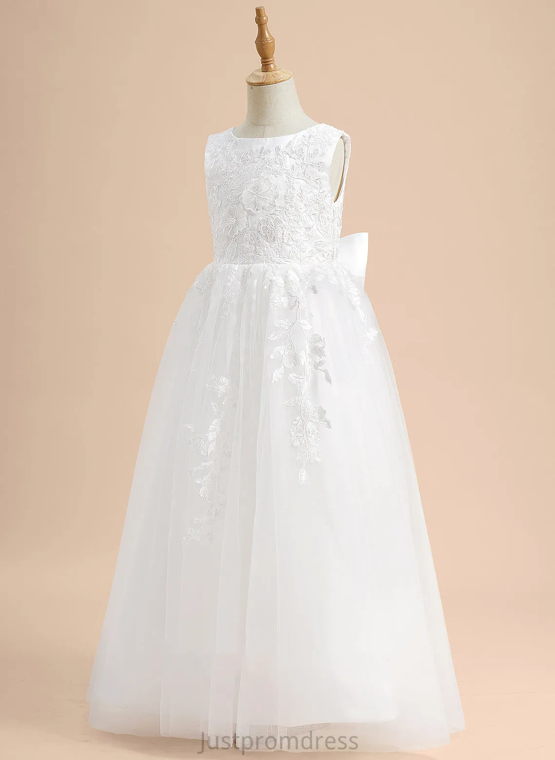 Flower Ally With - Lace/Flower(s)/Bow(s) Tulle Flower Girl Dresses Sleeveless Neck Floor-length A-Line Dress Scoop Girl
